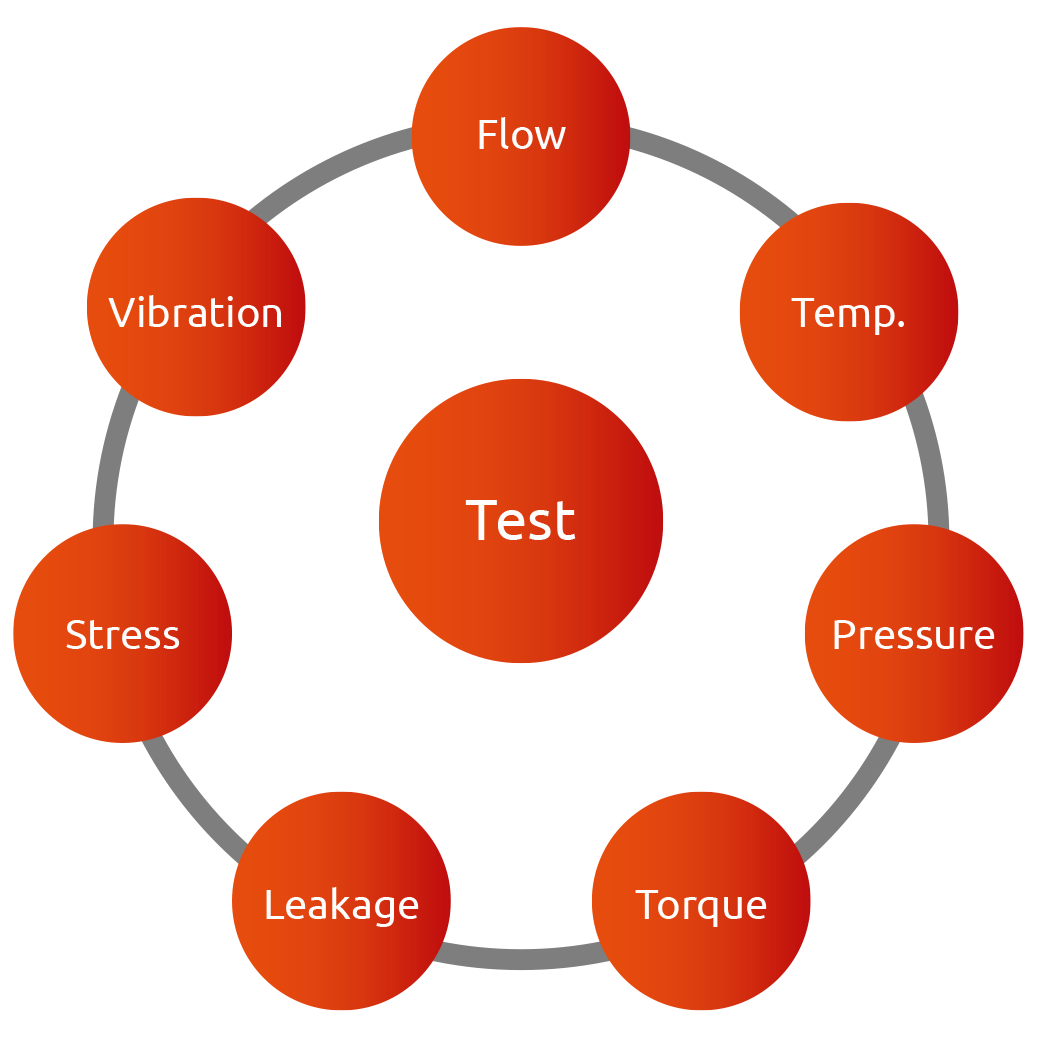 Figur med mulige maaleparametre for et testanlaeg; flow, temp, pressure, torque, leakage, stress, vibration